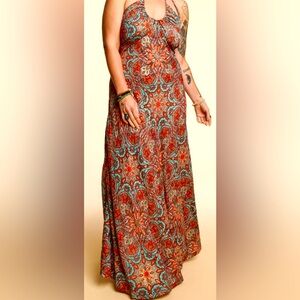 Orange Pattern Back Tie Maxi Dress